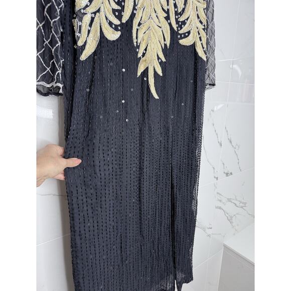 Beaded Silk Laurence Kazar Evening Gown Large VTG Dress Black White Regal Art - Picture 4 of 16
